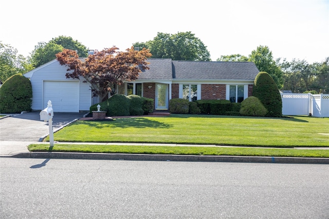 ranch-style house with brick siding, a front lawn, fence, a garage, and driveway