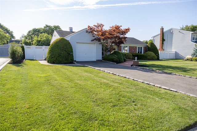 view of front of property featuring a front lawn, aphalt driveway, fence, an attached garage, and brick siding