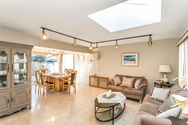 living area featuring a skylight and rail lighting