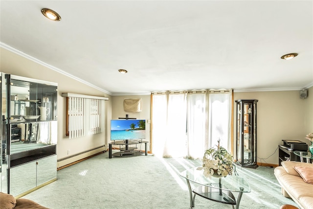 carpeted living room with a baseboard heating unit, vaulted ceiling, baseboards, and ornamental molding