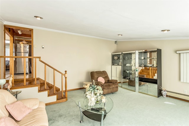 carpeted living room featuring stairway, baseboards, ornamental molding, and a baseboard heating unit