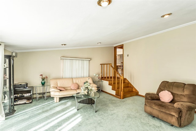 living area featuring a baseboard heating unit, crown molding, baseboards, carpet, and stairs