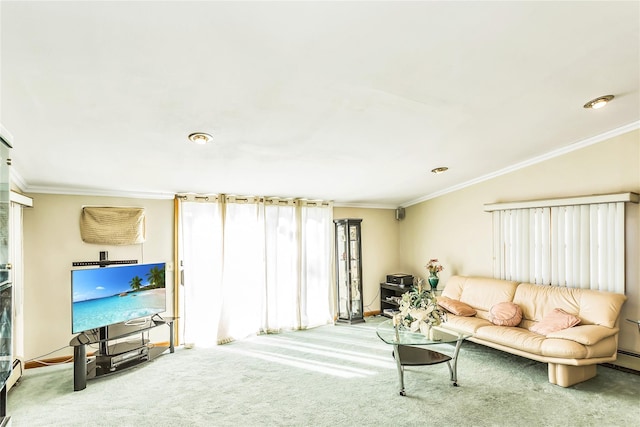 living room with ornamental molding and carpet flooring