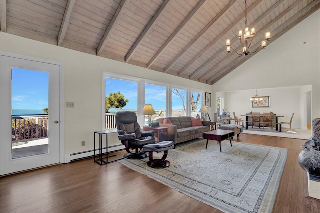 living area with baseboard heating, an inviting chandelier, wood finished floors, and wooden ceiling