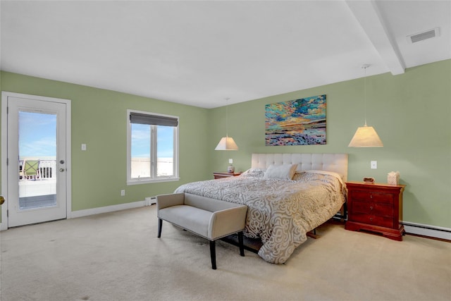 carpeted bedroom with visible vents, beam ceiling, baseboards, baseboard heating, and access to exterior