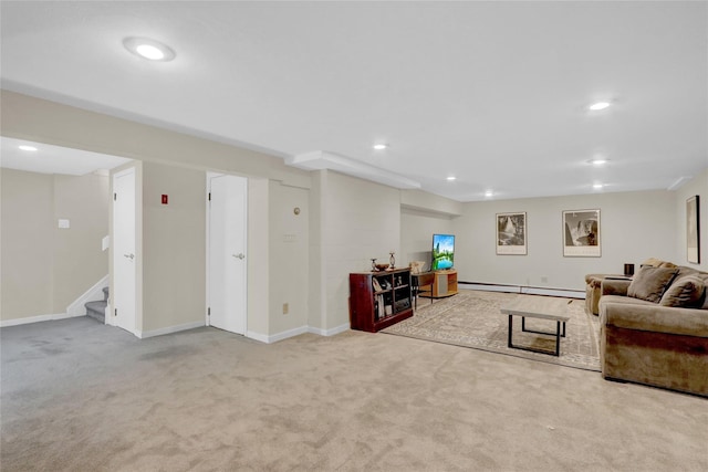 living area with baseboards, stairway, carpet floors, recessed lighting, and a baseboard radiator
