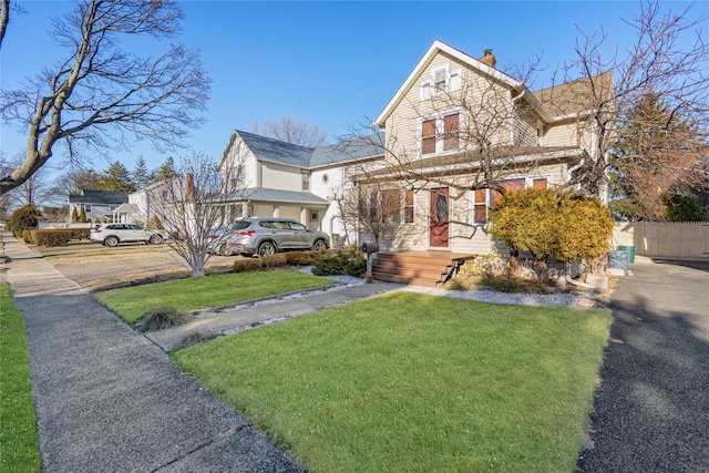 view of front of home with a front yard, a chimney, and fence