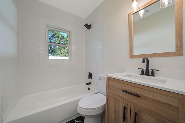 full bathroom featuring vanity, shower / tub combination, and toilet