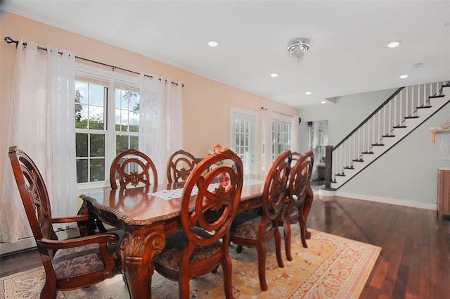 dining area with stairs, recessed lighting, wood finished floors, and baseboards