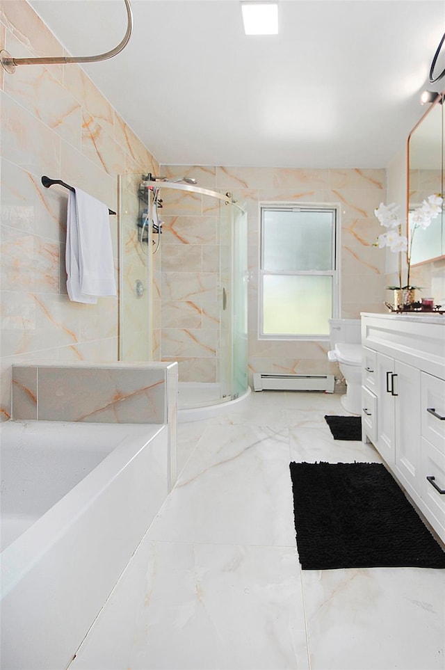 bathroom with vanity, a baseboard radiator, a shower stall, toilet, and marble finish floor