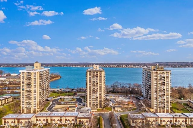 bird's eye view with a city view and a water view