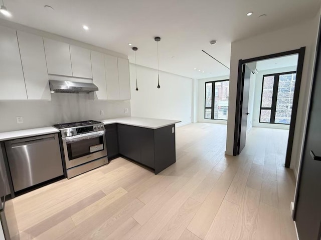 108-15 72nd Ave Unit 4D, Forest Hills, NY 11375 - kitchen featuring appliances with stainless steel finishes, range hood, modern cabinets, light countertops, and a peninsula
