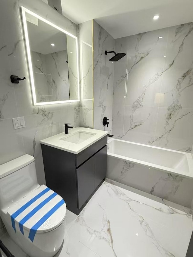 108-15 72nd Ave Unit 4D, Forest Hills, NY 11375 - bathroom with vanity, marble finish floor, toilet, tile walls, and shower / bath combination