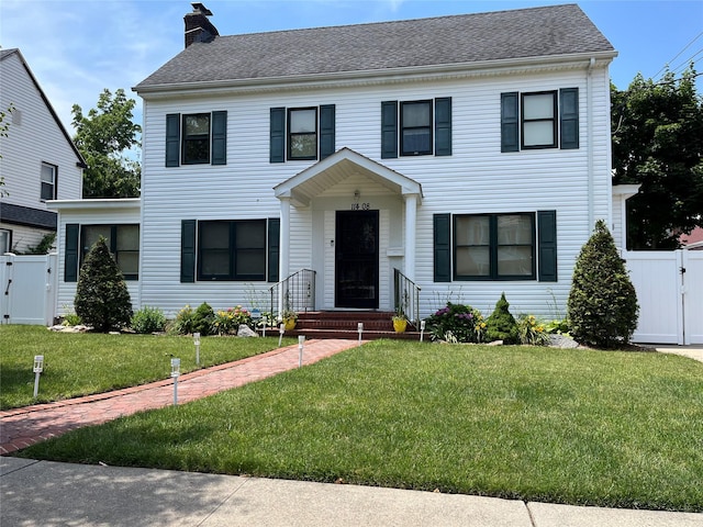 colonial-style house with a front lawn, a gate, fence, and a chimney