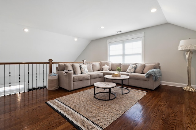 living area with visible vents, baseboards, lofted ceiling, recessed lighting, and dark wood-type flooring