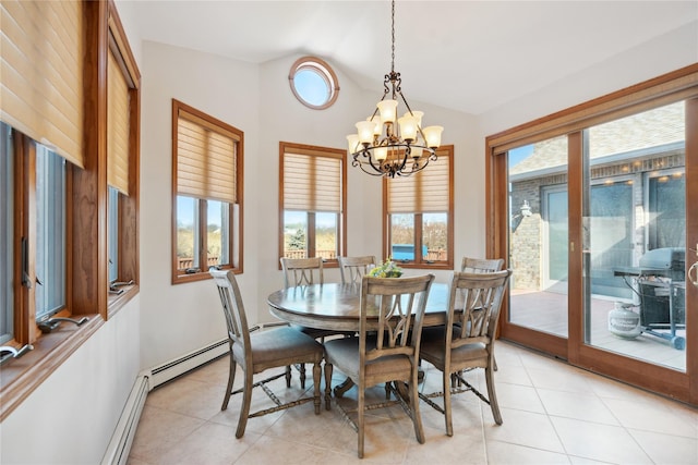 dining space with light tile patterned floors, a chandelier, and lofted ceiling