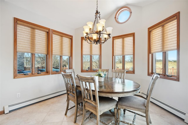 dining space with lofted ceiling, a notable chandelier, light tile patterned flooring, and a baseboard radiator