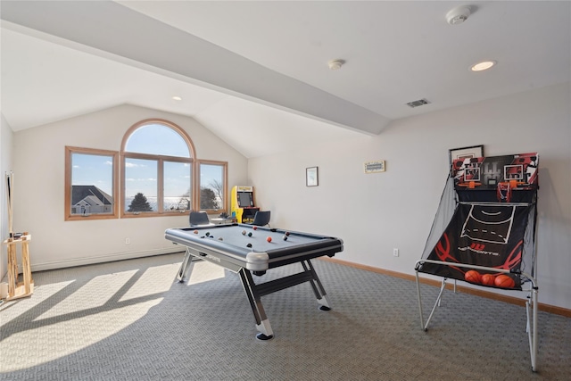 recreation room featuring visible vents, baseboards, carpet, and lofted ceiling