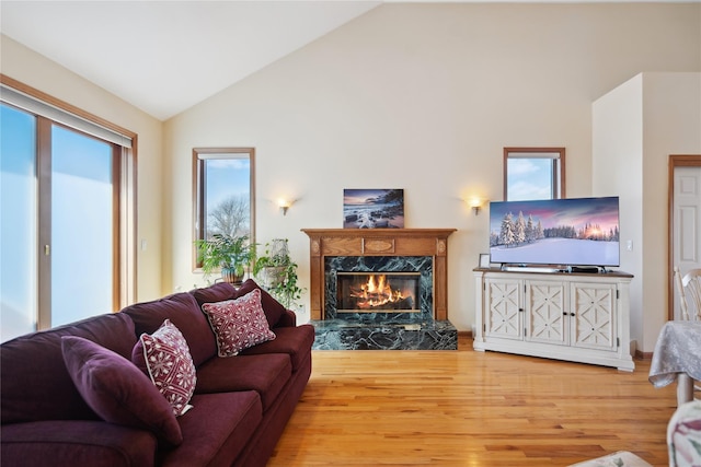 living area featuring wood finished floors, a fireplace, and high vaulted ceiling