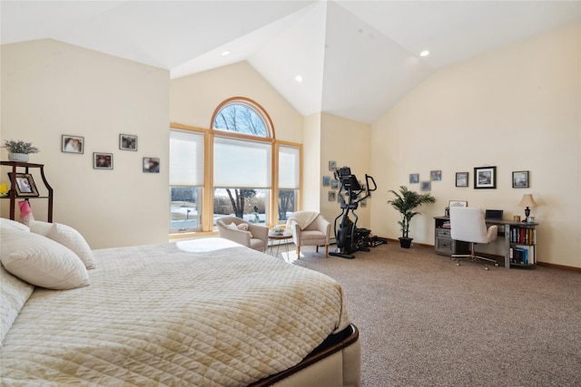 bedroom with recessed lighting, baseboards, high vaulted ceiling, and carpet