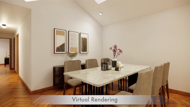 dining area featuring recessed lighting, baseboards, and lofted ceiling