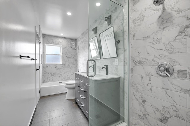 bathroom with recessed lighting, toilet, and vanity