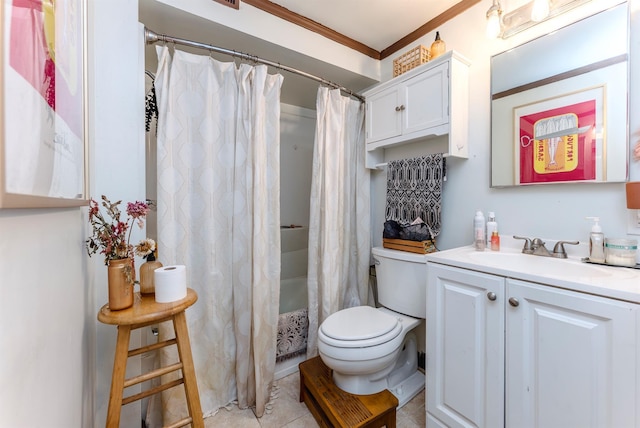 full bathroom with vanity, crown molding, toilet, and tile patterned flooring