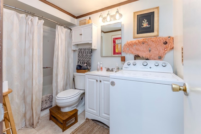 full bath with tile patterned floors, toilet, ornamental molding, washer / dryer, and vanity