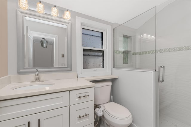 38 Marjorie Dr, Monticello, NY 12701 - bathroom with toilet, a stall shower, vanity, and vaulted ceiling