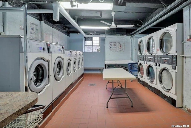 shared laundry area featuring stacked washer and clothes dryer, a ceiling fan, and washing machine and clothes dryer