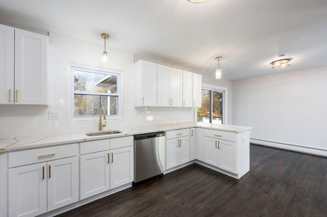 kitchen with baseboard heating, a peninsula, stainless steel dishwasher, white cabinets, and a sink