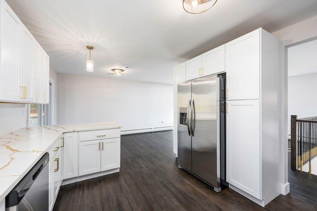 kitchen with light stone counters, dark wood-style floors, stainless steel fridge, dishwashing machine, and baseboard heating