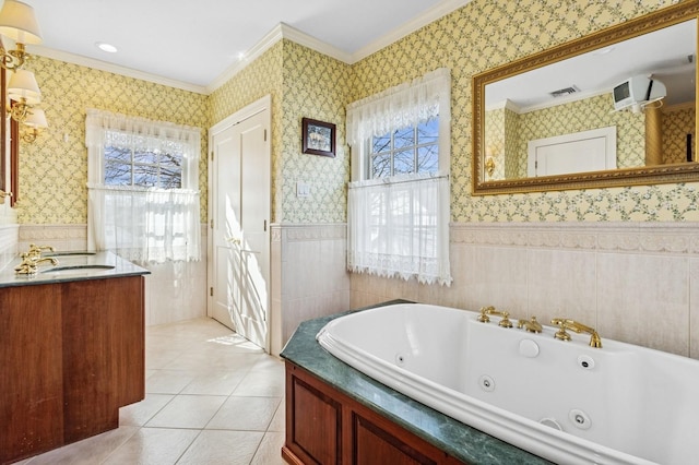 bathroom with wallpapered walls, crown molding, visible vents, and wainscoting