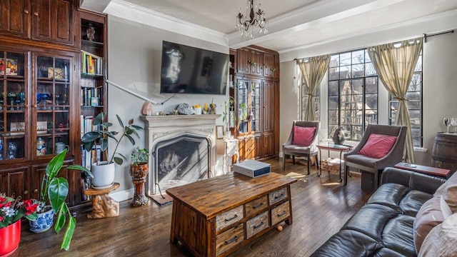 living area featuring a chandelier, dark wood-type flooring, ornamental molding, and a fireplace