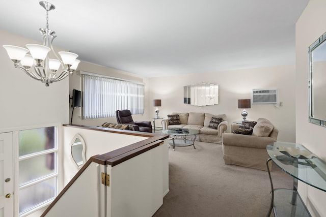 carpeted living area with a chandelier and an AC wall unit