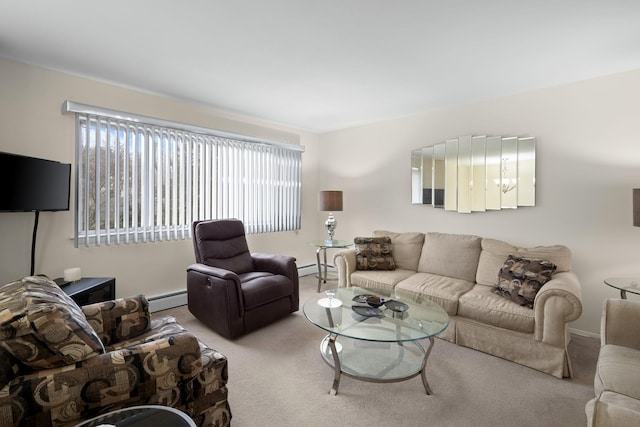 living area with baseboard heating and carpet floors