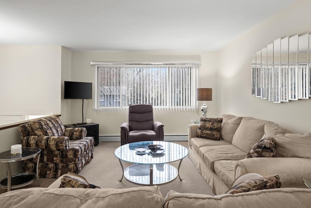 living room with a baseboard radiator and carpet floors