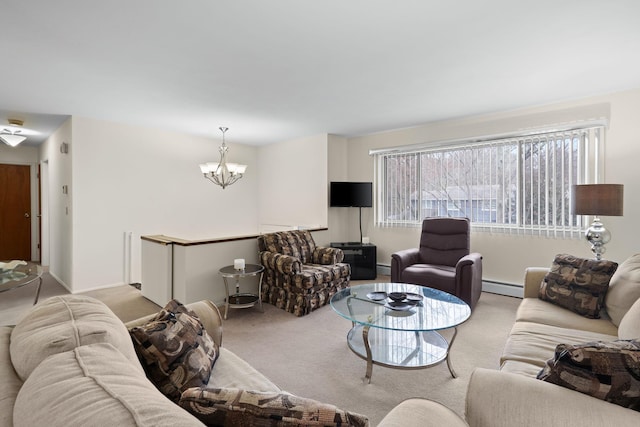 living room with light carpet, baseboard heating, a chandelier, and baseboards