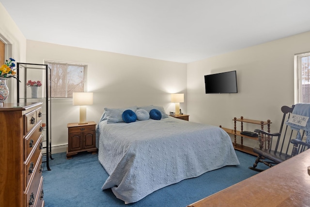 bedroom featuring a baseboard heating unit and dark colored carpet