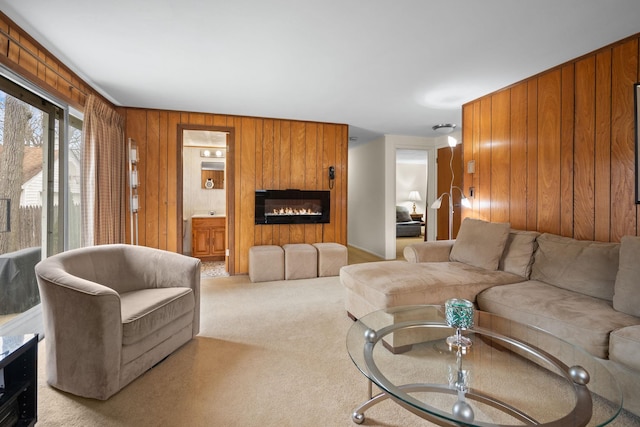 carpeted living room with a fireplace and wood walls