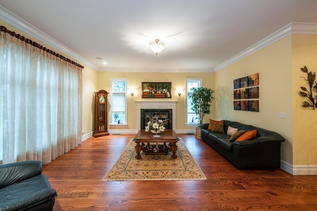 83 Ithaca Ave, Atlantic Beach, NY 11509 - living area featuring crown molding, baseboards, wood finished floors, and a fireplace