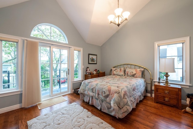 83 Ithaca Ave, Atlantic Beach, NY 11509 - bedroom with an inviting chandelier, high vaulted ceiling, access to outside, and multiple windows