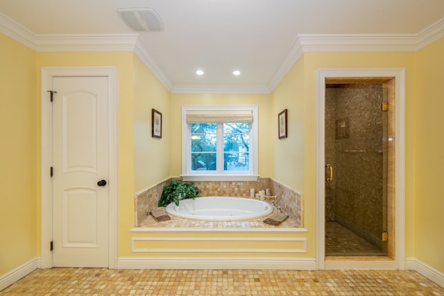 83 Ithaca Ave, Atlantic Beach, NY 11509 - full bathroom featuring crown molding, recessed lighting, a garden tub, and a stall shower