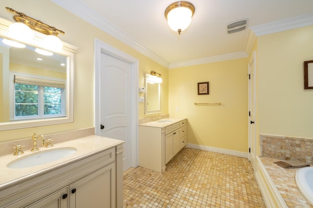 83 Ithaca Ave, Atlantic Beach, NY 11509 - full bathroom with a sink, ornamental molding, a washtub, and two vanities