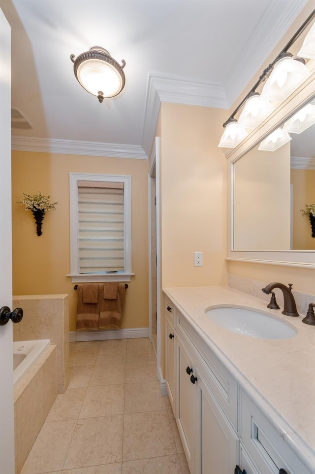 83 Ithaca Ave, Atlantic Beach, NY 11509 - full bathroom featuring tiled bath, ornamental molding, and vanity