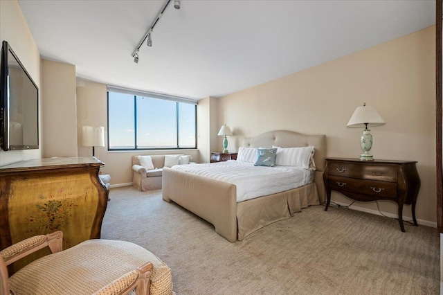 bedroom featuring light colored carpet, baseboards, and rail lighting