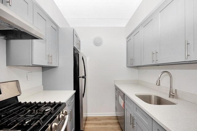 kitchen with under cabinet range hood, light wood-style flooring, gray cabinets, stainless steel appliances, and a sink