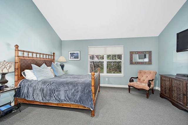 bedroom featuring baseboards, carpet floors, and vaulted ceiling