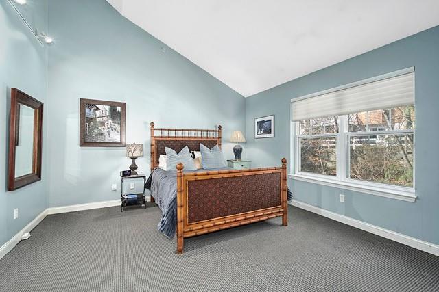 carpeted bedroom with lofted ceiling and baseboards