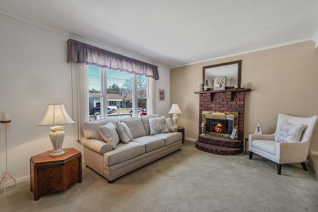 carpeted living room featuring baseboards, a brick fireplace, and ornamental molding